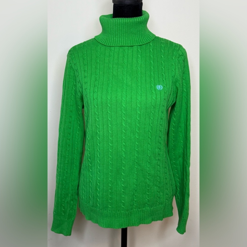 Izod preppy green cable knit turtleneck 100% cotton logo sweater petite large EC
